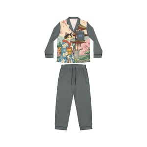 Satin Pajamas Set: Monogram Geisha Cat Japanese Loungewear
