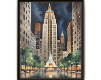 Impresiones de arte mural de galería digital de acuarela de la ciudad de Nueva York: Rockefeller Plaza
