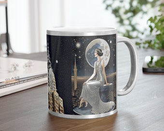 Art Deco New York Woman and Skyscraper Metallic Mug (Silver\Gold)