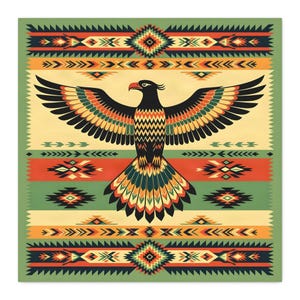 Puede incluir: Una impresión de arte mural cuadrada que presenta un águila negra central con las alas extendidas, decorada con patrones geométricos en rojo, naranja, verde y crema. El fondo consta de bandas horizontales con motivos repetitivos de diamantes y flechas.