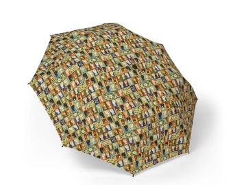 Paraguas plegable con estampado de gatos y flores de estilo vintage