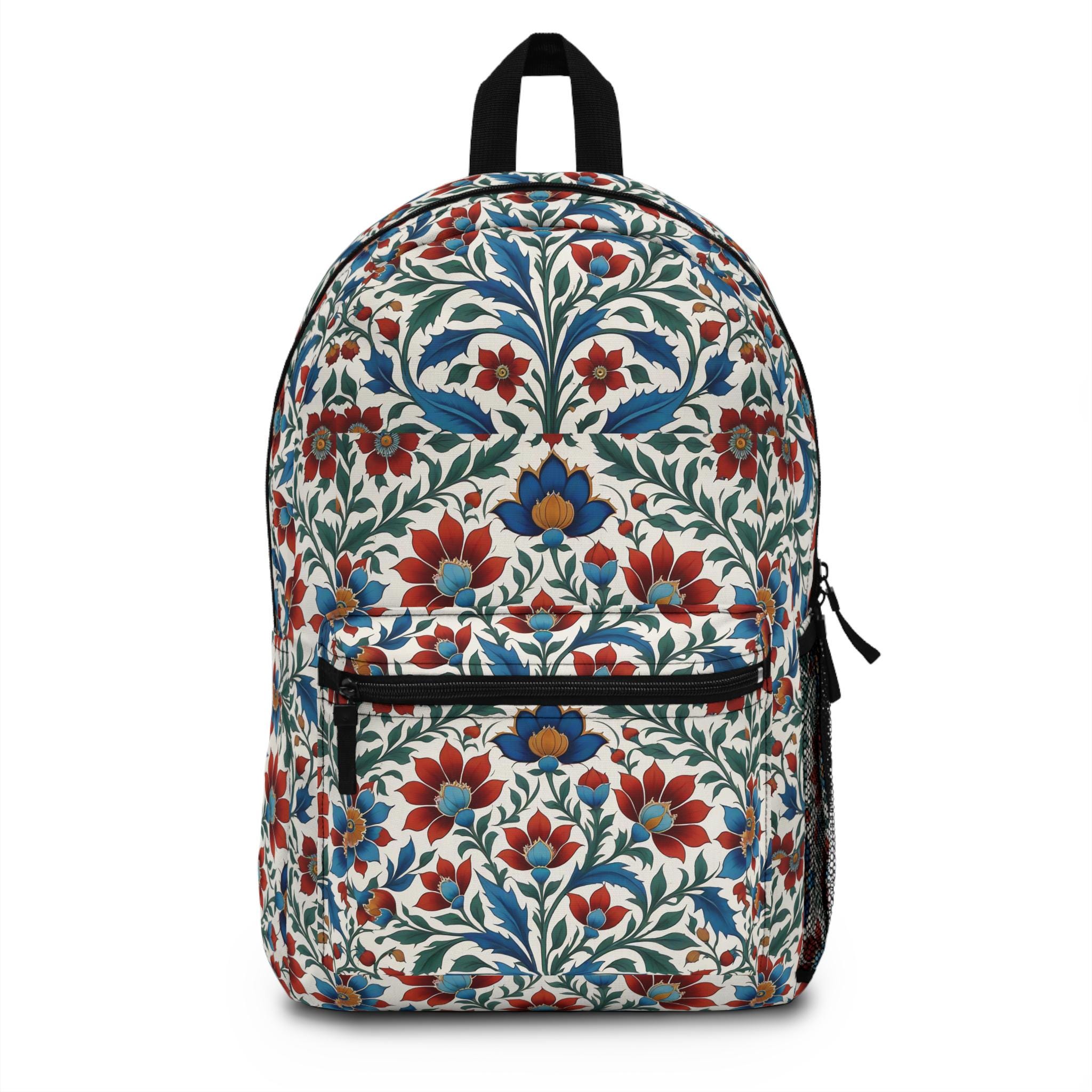 Turkish Floral Tile Print Backpack: Boho Travel School Bag  display picture 3