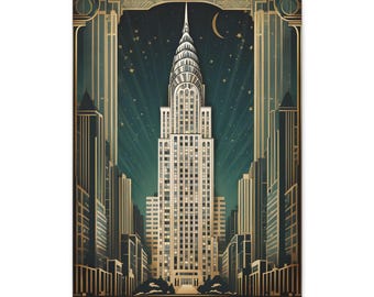 May include: A digital illustration of the Chrysler Building in New York City, depicted in a retro art deco style with gold accents and a dark green background. The building is surrounded by other skyscrapers, and the sky is filled with stars.