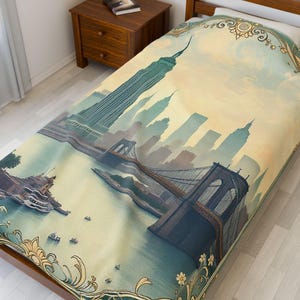 Velveteen Plush Blanket, Art Deco Foggy New York Skyline Cozy Throw, Home Decor Accent, Gift for City Lovers, Soft Bedding, Warm Couch