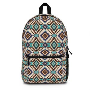 May include: A backpack featuring a repeating geometric diamond pattern in shades of turquoise, dark brown, and cream. The bag includes a front zippered pocket, a black top handle, black zipper pulls, and a black mesh side pocket for storage.