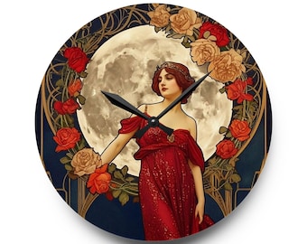 Art Noveau Frau in roter Acryl Wanduhr