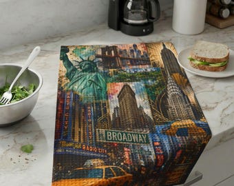 New York City Collage Kitchen Towel | Statue of Liberty Broadway Taxi Waffle Weave