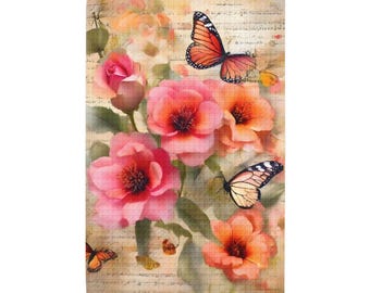 Toalla de mano de cocina con tejido de gofre y mariposas florales rosas / Toalla de cocina con estampado floral de mariposas