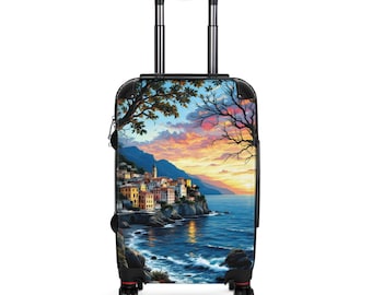 Sunset Coastal Village Suitcase | Scenic Beach Luggage