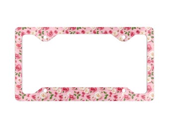 Pink Rose Floral Metal License Plate Frame | Vintage Cottagecore