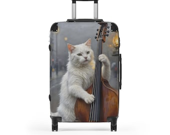 White Cat Playing Double Bass Suitcase | Travel Luggage with Cat Musician Design