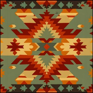 May include: Textile with a symmetrical geometric pattern in a Southwestern style. The design features a central diamond shape with radiating elements in red, orange, tan, and teal. A dark brown border frames the design.