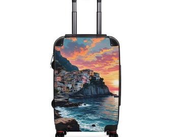 Mediterranean Coastal Sunset Suitcase | Scenic Travel Luggage, Italian Riviera Print