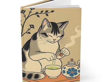 Japanese Tea Cat Hardcover Journal, Lined Notebook