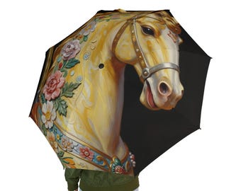 Paraguas plegable con forma de caballo de carrusel dorado