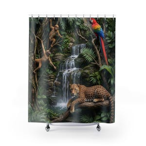 Tropical Waterfall Jungle Shower Curtain | Leopard, Monkeys, Parrot