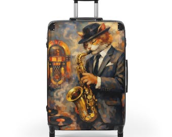 Jazz Cat Playing Saxophone Suitcase | Vintage Jukebox Travel Luggage