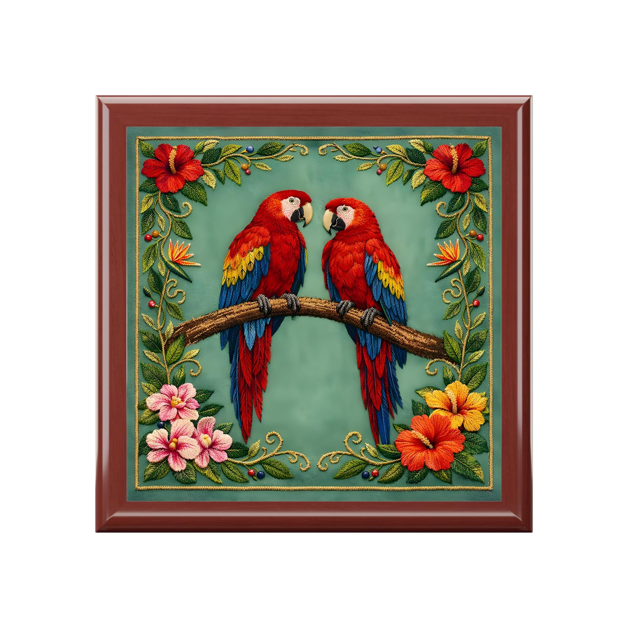 Parrot Duo Jewelry Box Tropical Rubberwood Keepsake Case