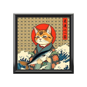 Woodblock Fishing Cat Jewelry Box - Japanese Design, Unique Gift for Cat Lovers, Handcrafted Organizer, Decorative Trinket Storage Case,