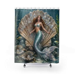 Mermaid on Giant Shell Shower Curtain | Underwater Ocean Fantasy