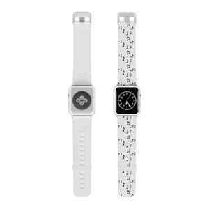 May include: White smartwatch with a black and white musical note pattern on the band. The watch face displays a black clock face with white numerals and hands. The band is white with a silver clasp.