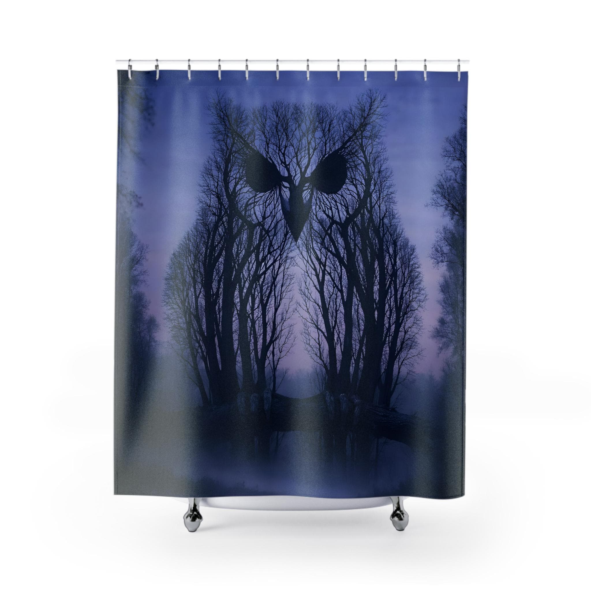 Owl Face Forest Shower Curtain | Nighttime Tree Silhouette Bathroom Decor