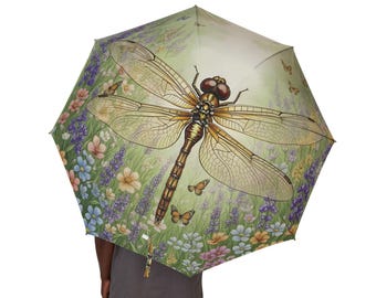 Paraplu met libelillustratie | Opvouwbare regenparaplu met bloemenweideprint