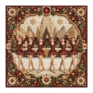 May include: A square decorative print featuring six ice skaters in matching red and white outfits with gold embroidery, standing in a line on an ice rink. The scene is framed by a detailed border of red poinsettias, green leaves, and gold accents.