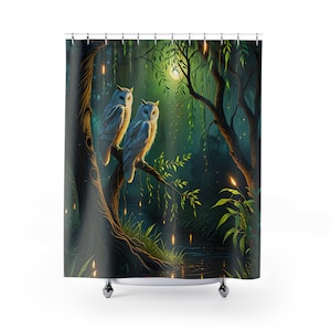 Owls In Magical Forest Fantasy Art Shower Curtain, Mystical Bathroom Decor, Nature Lover Gift, Fairy Tale Bath Curtain, Whimsical Home