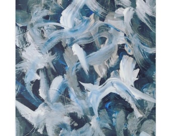 May include: Abstract painting with a blue, white, and gray color scheme. The painting features thick, expressive brushstrokes that create a dynamic and textured surface.