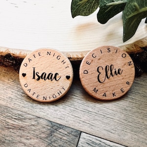 Date Night Personalized Wood Coin, Decision Maker Engraved Couples Coin, Flip to Decide Coin Couples Gift