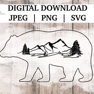 Bear and Mountains SVG File | Bear Outline With Mountains SVG PNG Instant Download | Cricut or Silhouette Smoky Mountains Svg | Bear Clipart