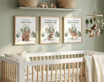 Woodland Nursery Decor, Woodland Nursery Wall Art, Woodland Print Set, Animal Print Set, Woodland Animal Prints, Bible Verse Nursery Prints