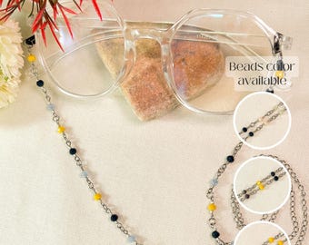 Colorful Beaded Eyeglass Chain, Fairycore Navy Blue Yellow Jewelry, Unique Gift for Her