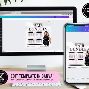 Pode incluir: Uma imagem de marketing digital exibida em um monitor de computador e um smartphone. A imagem promove "Hair Bundles" com uma lista de pre&ccedil;os e um gr&aacute;fico de extens&otilde;es de cabelo. O texto "Edit Template in Canva!" tamb&eacute;m &eacute; vis&iacute;vel.