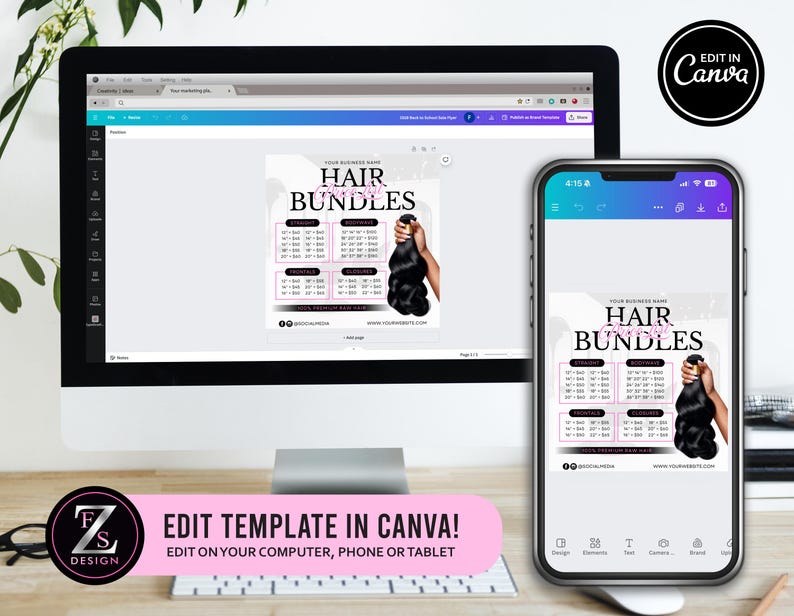 Pode incluir: Uma imagem de marketing digital exibida em um monitor de computador e um smartphone. A imagem promove "Hair Bundles" com uma lista de pre&ccedil;os e um gr&aacute;fico de extens&otilde;es de cabelo. O texto "Edit Template in Canva!" tamb&eacute;m &eacute; vis&iacute;vel.