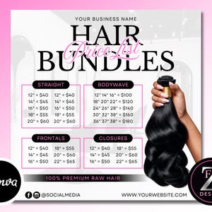 Pode incluir: Gr&aacute;fico rosa e branco com uma lista de pre&ccedil;os de cabelo e o texto "HAIR BUNDLES". A imagem inclui um feixe de cabelo preto e listas de pre&ccedil;os para cabelo liso, ondulado, frontais e fechos. O texto "100% Premium Raw Hair" tamb&eacute;m &eacute; vis&iacute;vel.