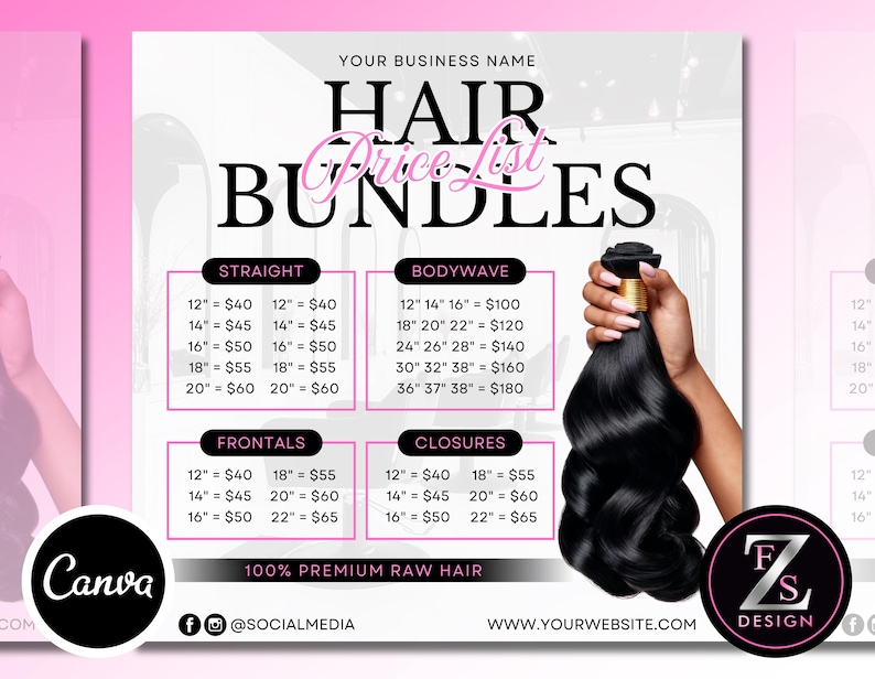 Pode incluir: Gr&aacute;fico rosa e branco com uma lista de pre&ccedil;os de cabelo e o texto "HAIR BUNDLES". A imagem inclui um feixe de cabelo preto e listas de pre&ccedil;os para cabelo liso, ondulado, frontais e fechos. O texto "100% Premium Raw Hair" tamb&eacute;m &eacute; vis&iacute;vel.