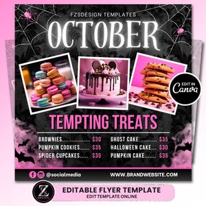 Oktober-Bake-Verkaufs-Flyer, Bäckerei-Flyer, Oktober-Flyer für süße Leckereien, Halloween-Dessert-Flyer, Backshop-Flyer, Gebäck-Flyer, Kuchen-Flyer
