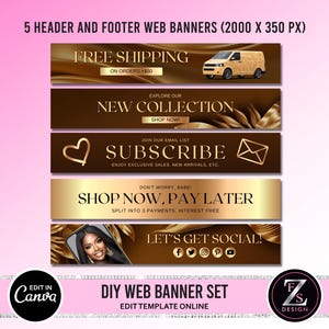 May include: Five web banner templates with gold accents and brown backgrounds. The banners feature text such as "Free Shipping", "New Collection", "Subscribe", "Shop Now, Pay Later", and "Let's Get Social!"