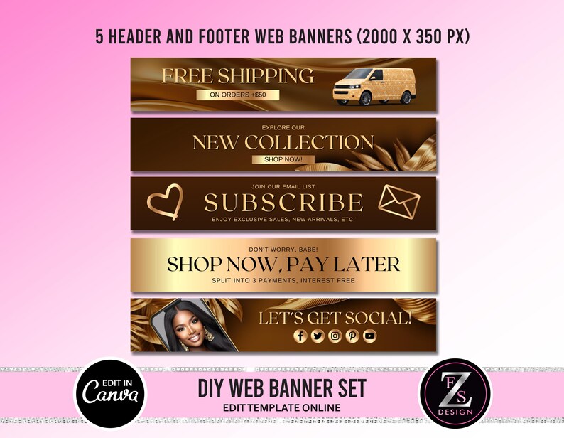 May include: Five web banner templates with gold accents and brown backgrounds. The banners feature text such as "Free Shipping", "New Collection", "Subscribe", "Shop Now, Pay Later", and "Let's Get Social!"