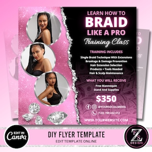 Braid Class Flyer, DIY Hair Flyer, Braiding Training Flyer, Social Media Beauty Hair Lashes Nails Boutique Editable Canva Template