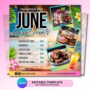 Folleto de panadería de junio, folleto de venta de pasteles, folleto de dulces, folleto de verano, folleto de postres de junio, folleto de pastelería