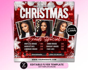 Christmas Braid Sale Flyer, Braid Prices Flyer, Christmas Flyer, Braids Flyer, Hair Flyer, Braids Special Flyer Template
