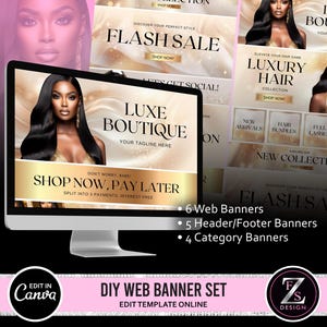 DIY Web Banners Set, 15 Website Banners Beauty Artist Hair Nails Boutique, Gold Web Banners, Shopify Web Canva Templates