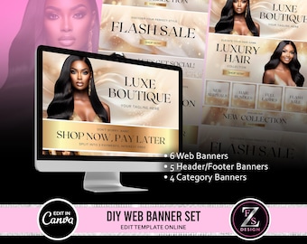 DIY Web Banners Set, 15 Website Banners Beauty Artist Hair Nails Boutique, Gold Web Banners, Shopify Web Canva Templates