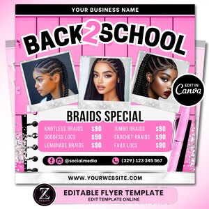 Back to School Sale Flyer, Braid Prices Flyer, Braids Sale Flyer, Back 2 School Flyer, Lashes, Hair Flyer, Braids Special Flyer Template