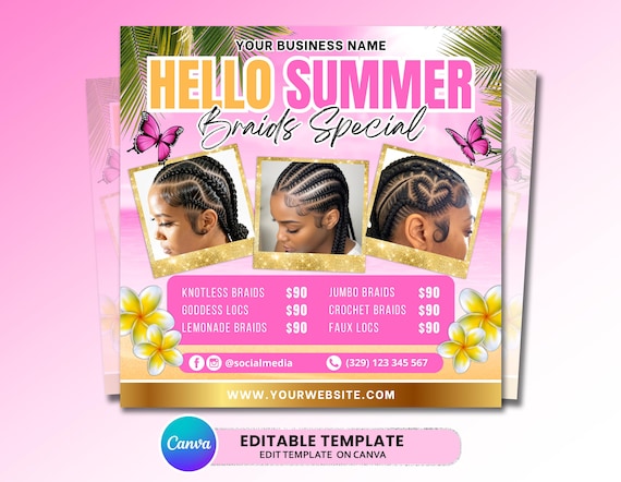 Summer Braid Sale Flyer, Summer Sale Flyer, Braid Prices Flyer, Braids Sale Flyer, Hair Flyer, Lashes Flyer, Braids Special Flyer Template