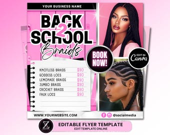 Back to School Sale Flyer, Braid Prices Flyer, Braids Sale Flyer, Back 2 School Flyer, Lashes, Hair Flyer, Braids Special Flyer Template