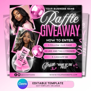 Pode incluir: Um modelo digital de folheto para sorteio com fundo preto, balões cor-de-rosa, duas fotos de pessoas e bilhetes cor-de-rosa numa taça de vidro. O texto inclui Raffle Giveaway, How to Enter e Name of the Prize.